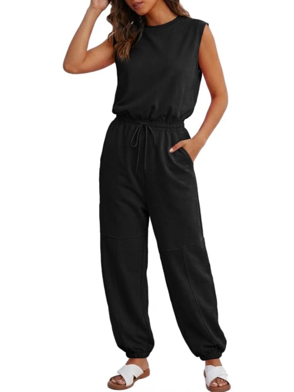 Women's Summer Long Jumpsuit Black Round Neck Sleeveless Wide Leg with Pockets